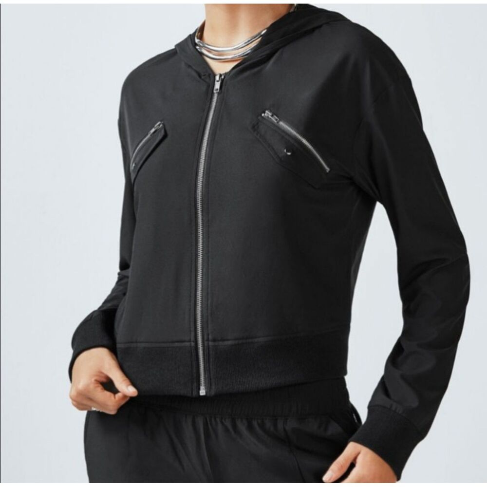 FABLETICS ZINNIA END GAME BLACK CROPPED BOMBER JACKET SIZE XL